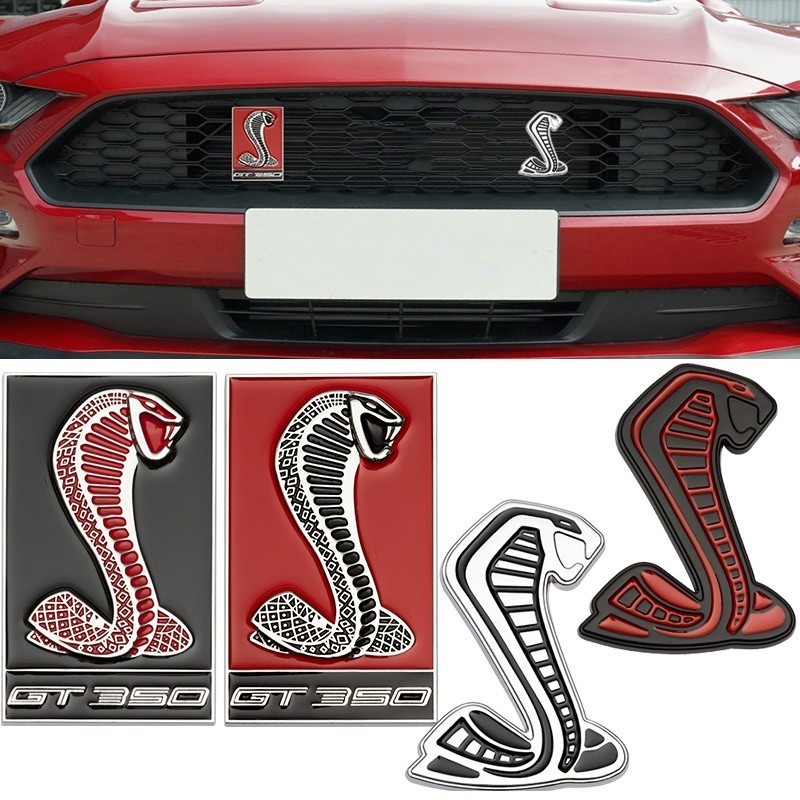2pcs 3D โลหะ Mustang งู Cobra Viper GT350 โลโก้รถสติกเกอร์ Decals ด้านหน้าย่างสัญลักษณ์สําหรับ Ford 