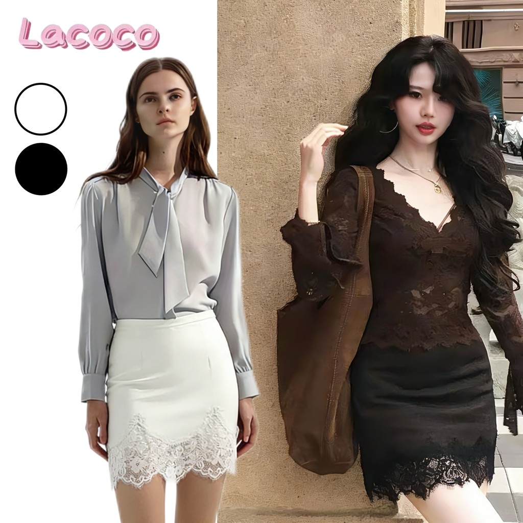 Lacoco🍓คลังสินค้าพร้อม🍓กระโปรงยาวปานกลางผ้าซาตินทรงเอวสูง ช่วยให้ดูเพรียวบาง เนื้อผ้าทิ้งตัวสวยงาม ตกแต่งด้วยลูกไม้