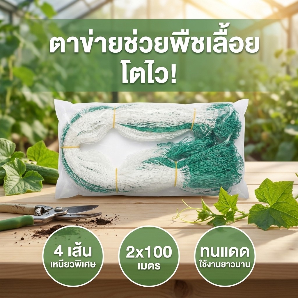 ตาข่ายปลูกผัก [2x100 ม.] 4 เส้นหนา เหนียวทน ใช้ทำค้างแตงกวา ถั่ว