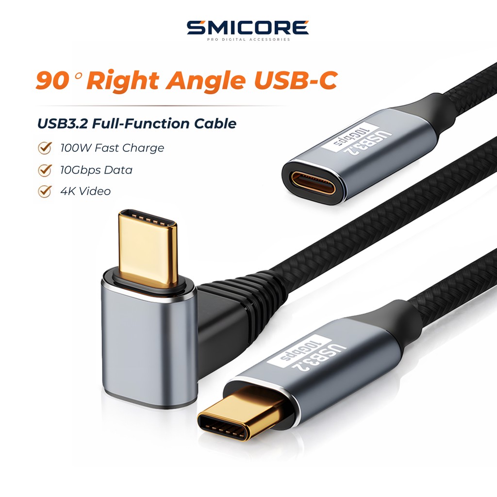 สายชาร์จเร็ว USB-C 3.1 Gen2 หัวงอ 90° PD 100W 10Gbps รองรับ 4K ใช้กับ VR เกมมิ่ง โน้ตบุ๊ก มือถือ แท็บเล็ต