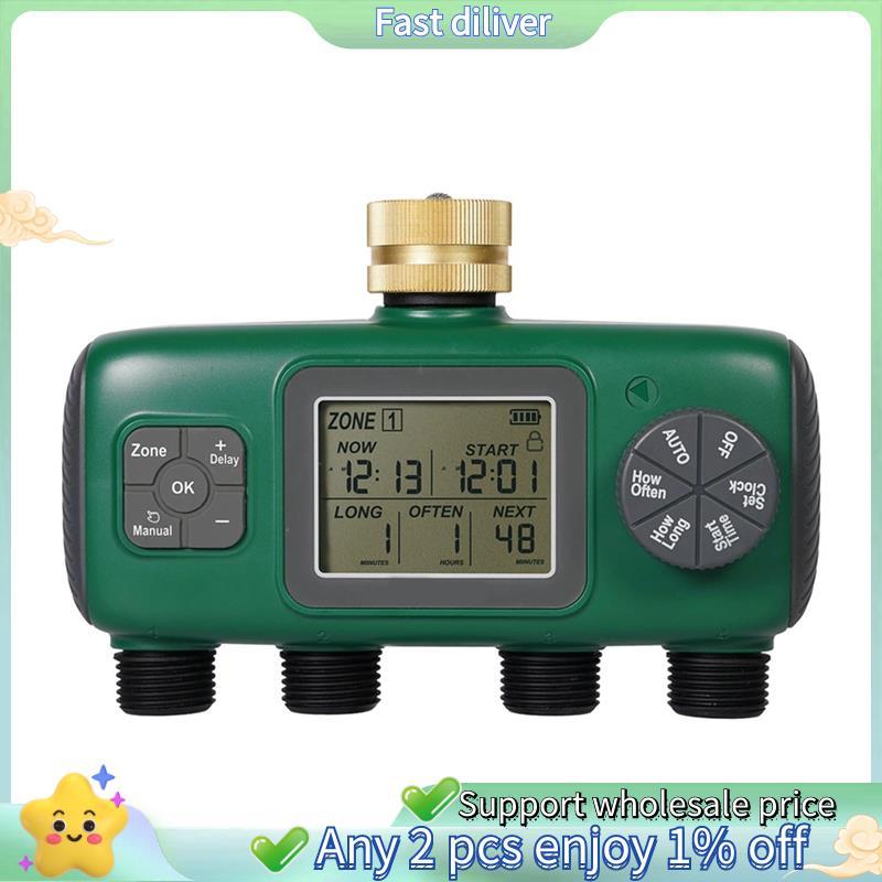 Rain Delay ล็อคเด็ก Garden Sprinkler ทองเหลือง Inlet Rotary Knob Water Timer พร้อมจอแสดงผล LCD การควบคุมหน้าจอ 4-Outlet US