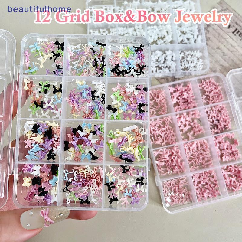 [ใหม่] 12 กริดสีสัน Bowknot ชุดริบบิ้นเรซิ่นอุปกรณ์ตกแต่งเล็บ DIY แต่งเล็บมินิเล็บอัญมณี [TH]