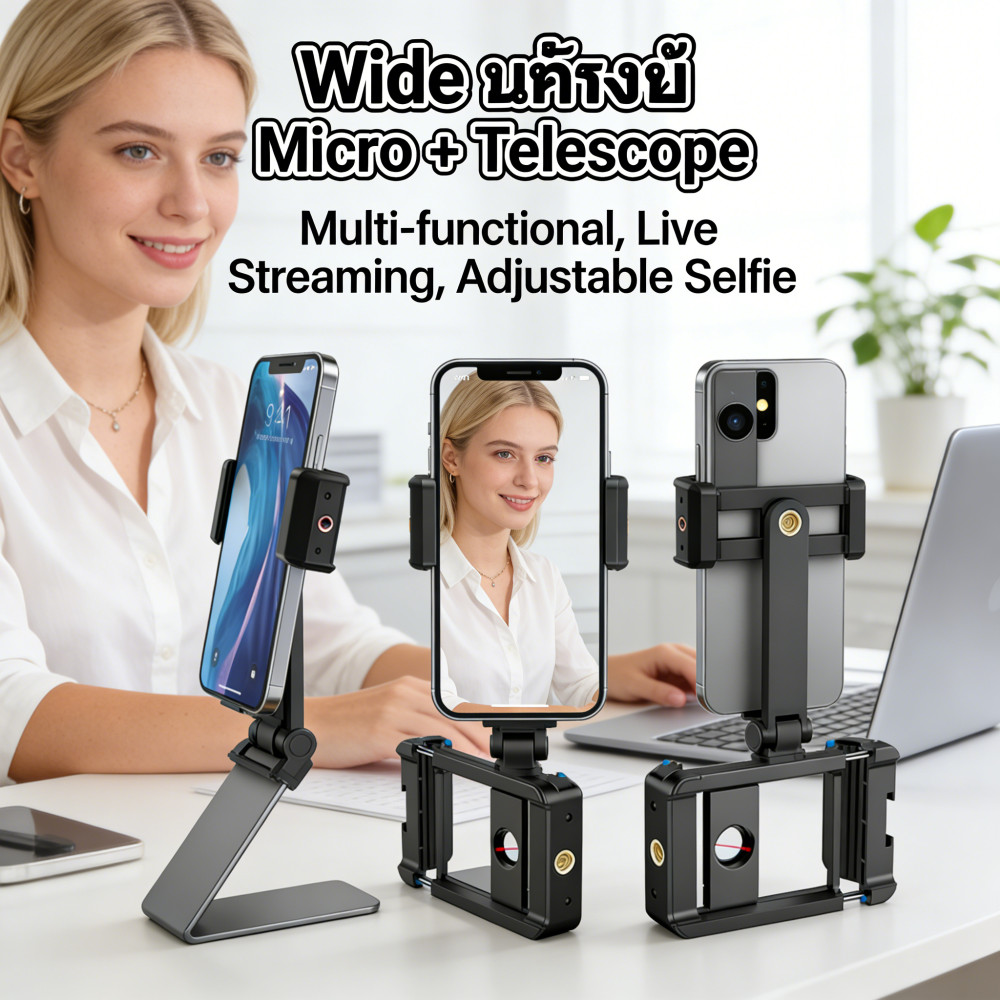 โทรศัพท์ Wide + Micro อเนกประสงค์ สำหรับ ตั้งเซลฟี่ ถ่ายไลฟ์ มุมปรับ + โซนไก้