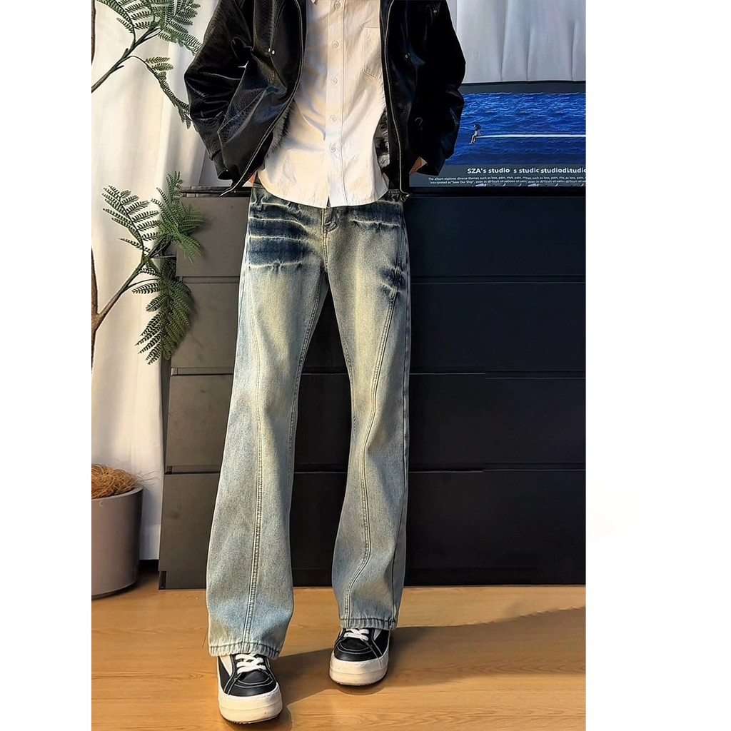 American Retro Cracks Distressed cleanfit Washed Street กางเกงยีนส์ Street Wear High Street Design ก