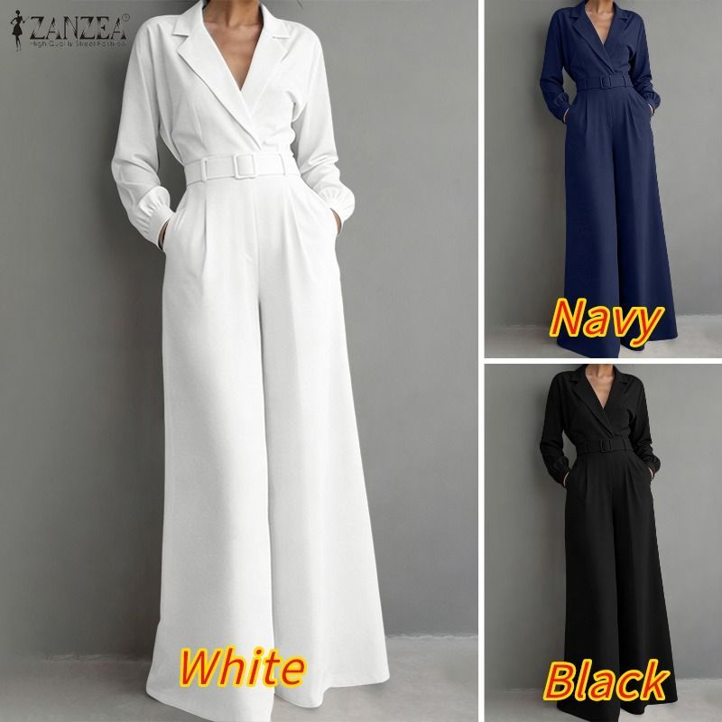 ZANZEA Celmia ผู้หญิง OL แฟชั่นลําลองคอปกแขนยาวเอว-Fitted ไม่มีเข็มขัดจั๊มสูทขากว้าง — صورة 3
