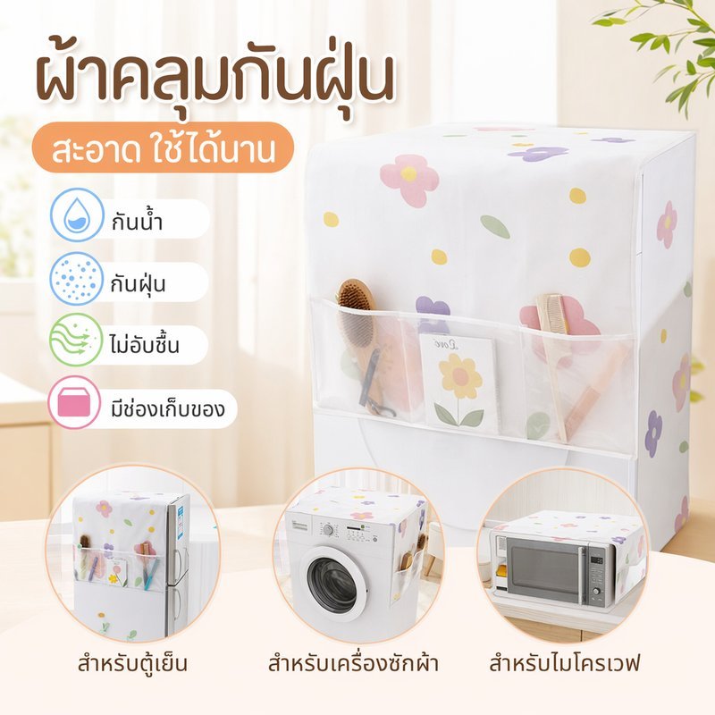 ผ้าคลุมตู้เย็น กันฝุ่น กันน้ำ มีช่องเก็บของ คลุมไมโครเวฟ คลุมเครื่องซักผ้า ล้างน้ำได้ PEVA