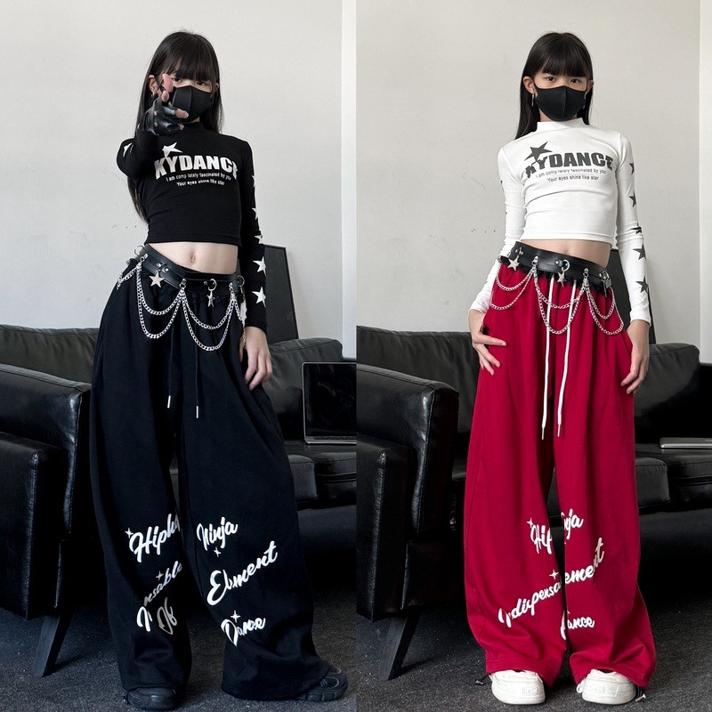 [KeDaYa] พร้อมส่ง เสื้อครอปลายดาว กางเกงวอร์มอเมริกัน ชุดเต้นแจ๊สฮิปฮอป เด็กผู้หญิง สายพังก์ พร้อมเข็มขัดเมทัล Y2K OOTD