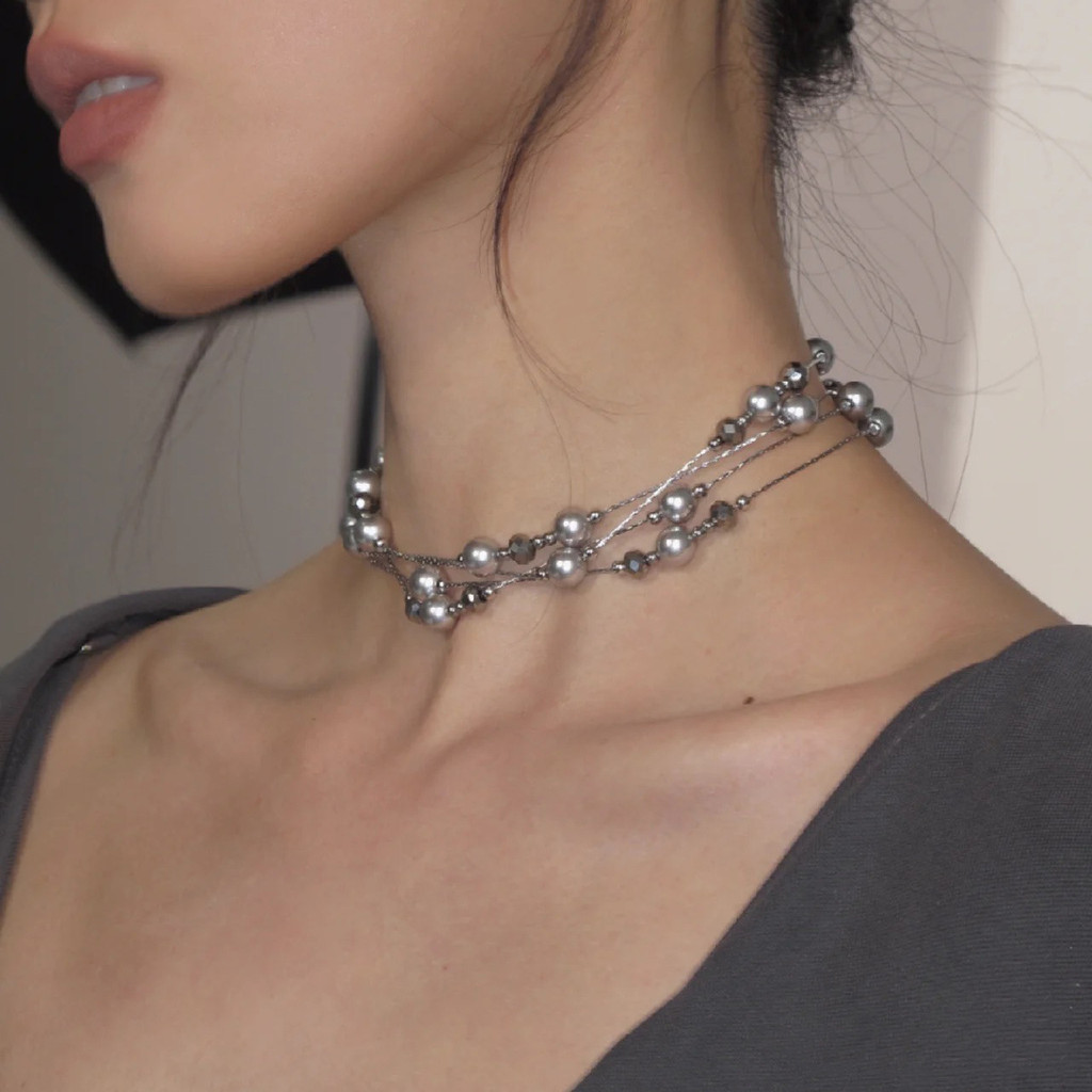 Silver Grey Pearl Gypsophila สร้อยคอลูกปัดยาว Niche Design เสื้อกันหนาวหญิง Clavicle CHAIN อุปกรณ์เส