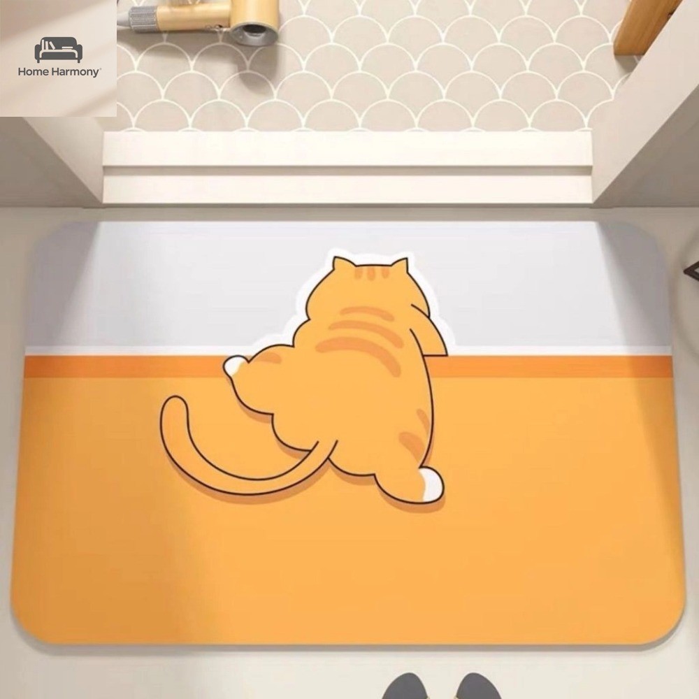 พรมกันลื่นห้องน้ำ 🚿 ลายแมวสีส้ม 🐈 ดูดซับน้ำดี 💧 ตกแต่งห้องน้ำ ✨S00150