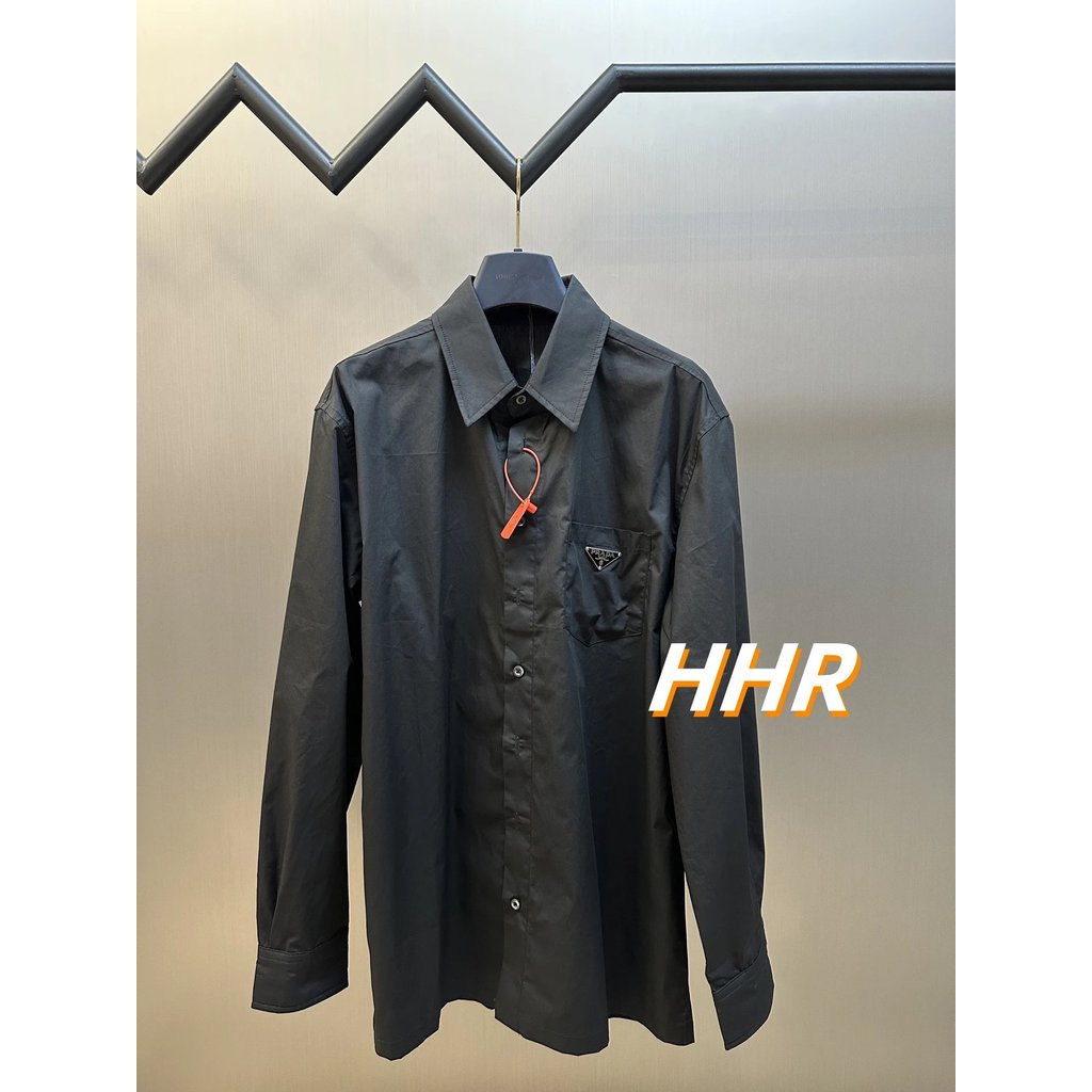 [เวอร์ชั่นที่ถูกต้อง] Pr @ da/Prada Pocket Metal Triangle Logo Long-Sleeved Shirt Lapel Jacket Sport