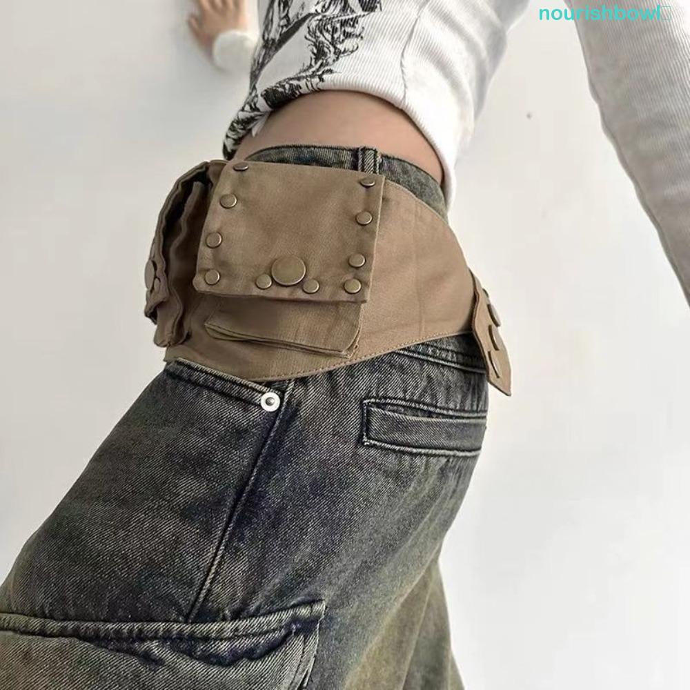 นูริชโบว์ล​ Grunge Bum Belt, Alloy Vintage Hip-hop Belt, Retro Cotton Brown Jeans Decor Waistband wi