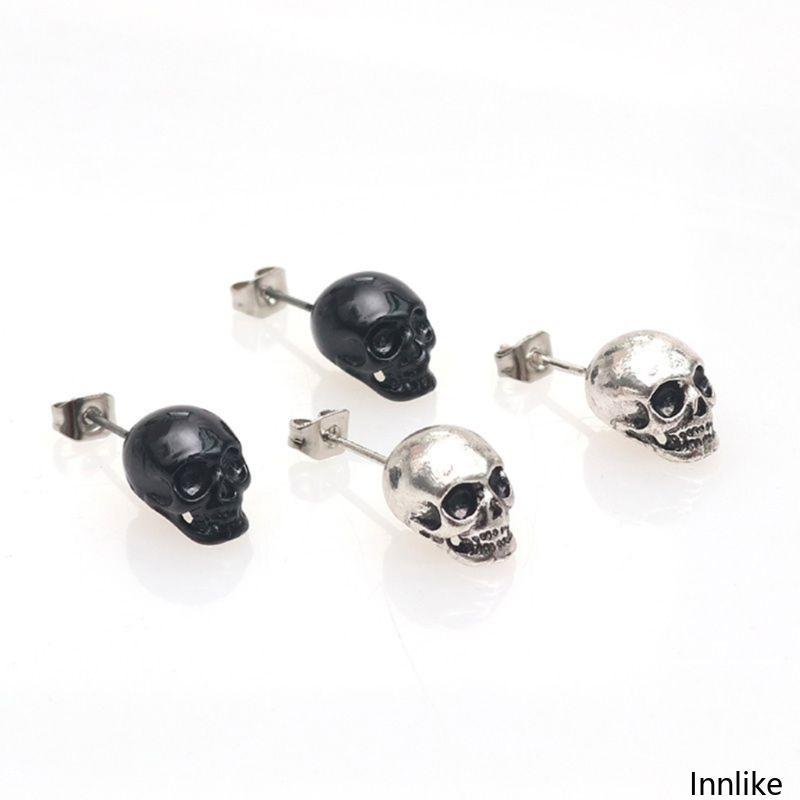 INN แฟชั่นสีดําเงินหู Punk 3D Skull สําหรับหัว Hip-hop ต่างหูสตั๊ด Unise