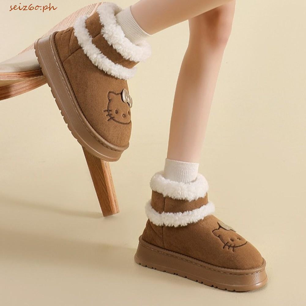 SEIZ6O รองเท้าแตะตุ๊กตา Kitty, High-top Bow KT Cat รองเท้าแตะขนสัตว์อุ่น,น่ารัก Fluffy Anti Slip Hom