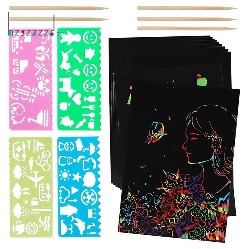 Rainbow Scratch Paper Art Set, Scratch Papers Supplies Black Scratch Drawing Art Crafts แผ่นบันทึกกา