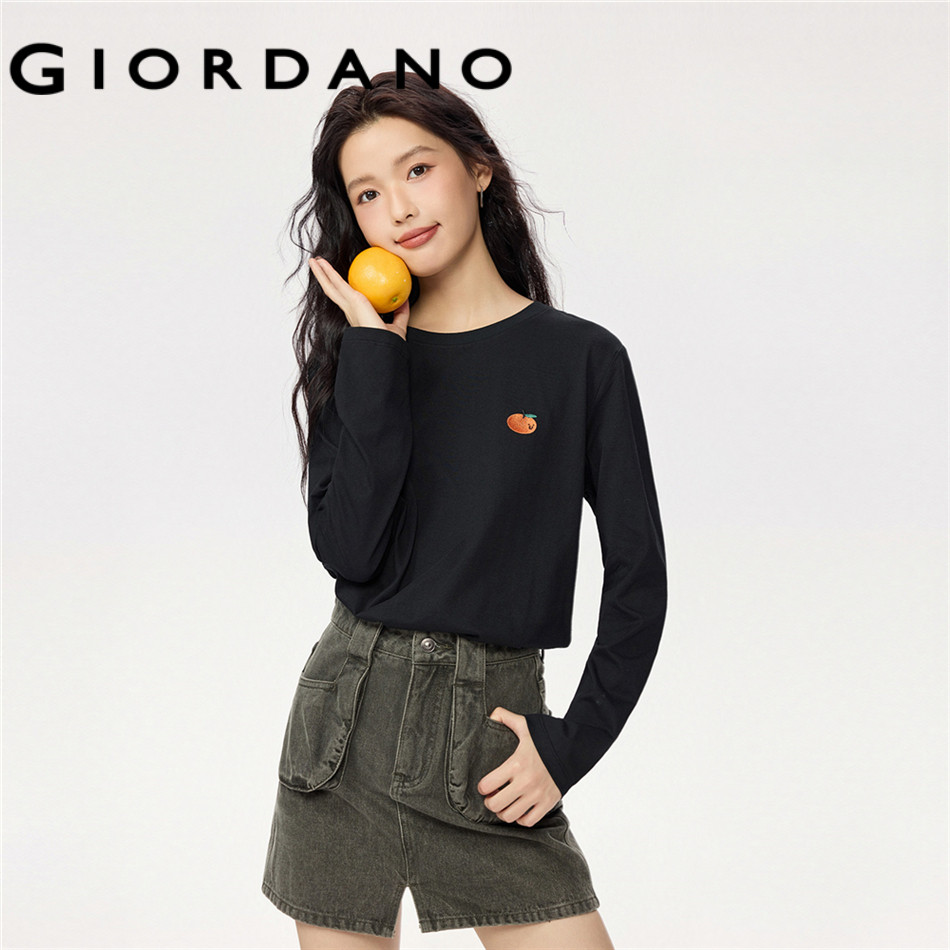 GIORDANO WOMEN Smiling orange embroidery long sleeve tee 13325693