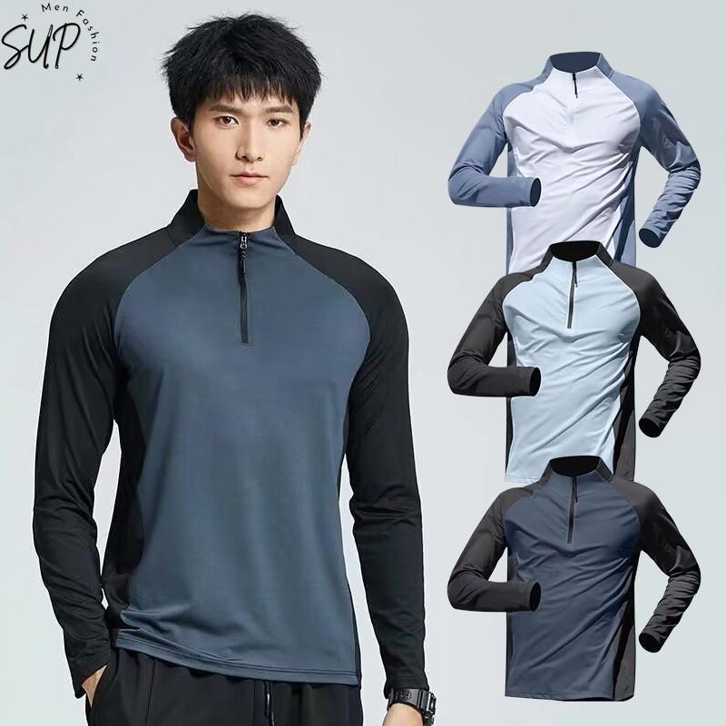 เสื้อยืดแขนยาวสำหรับผู้ชายและผู้หญิง เหมาะสำหรับการเล่นยิมและวิ่งออกกำลังกาย สีฟ้า สีขาว และสีดำ