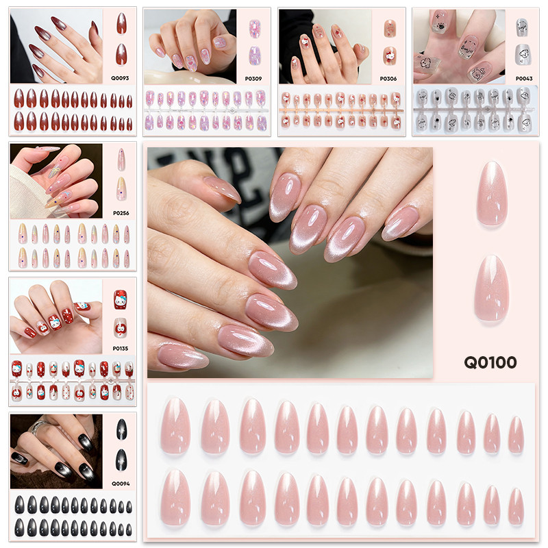 เล็บปลอมเล็บสติ๊กเกอร์แต่งเล็บต่อเล็บแมวตาปีใหม่คิตตี้รักโบว์สีแดงสีชมพู30ชิ้นหวานแฟนซีสไตล์ คูดัน