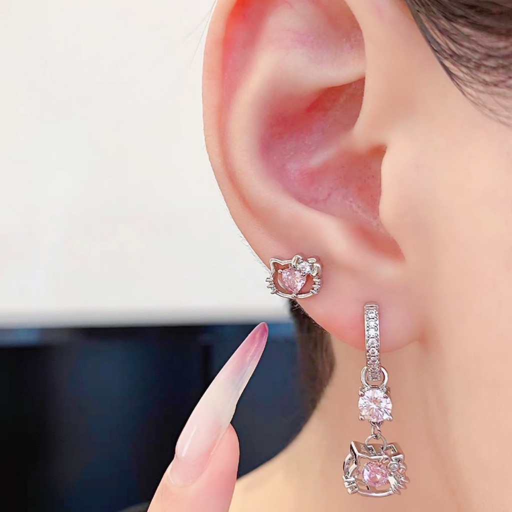 Girls Shiny Alloy Zircon Little Cat Drop ต่างหู