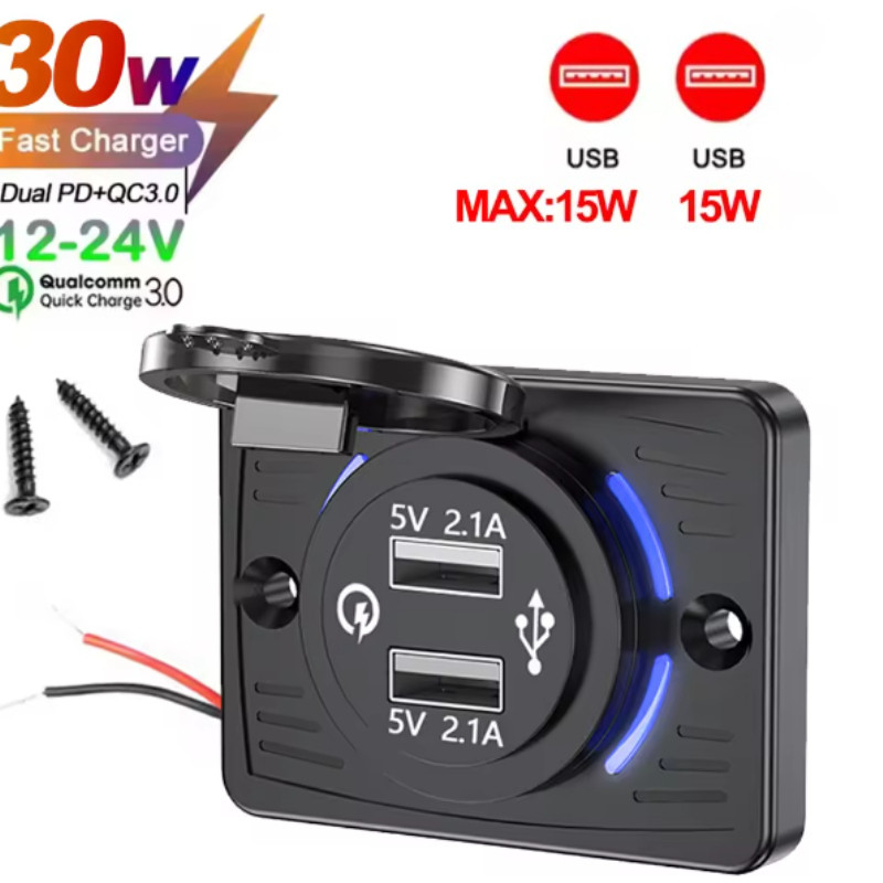 12V/24V Car Charger Socket Dual PD Dual USB Quick Charge พร้อมฝาครอบเลื่อน Outlet แผงอะแดปเตอร์สําหรับรถบรรทุก Camper อุปกรณ์เสริม