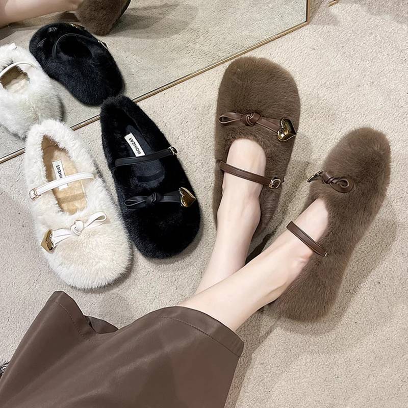 Mary Jane Fluffy Shoes Outer Wear Soft Soled Velvet Gommino Fairy Style Insulated Cotton-Padded Shoe