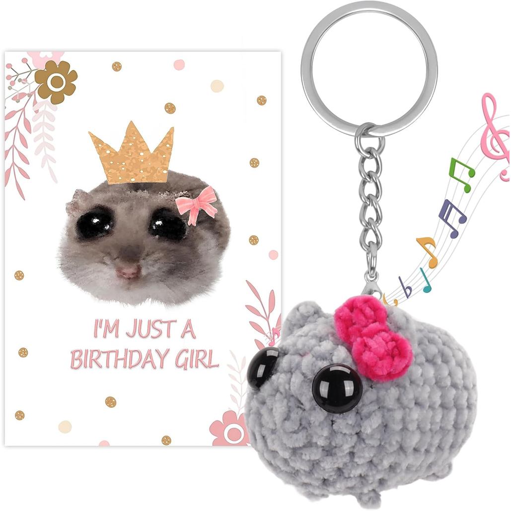 Sad Hamster Meme Bow พวงกุญแจเสียงน่ารัก Hand-Knitted Sad Hamster Plush พร้อมการ์ดของขวัญสําหรับผู้ห