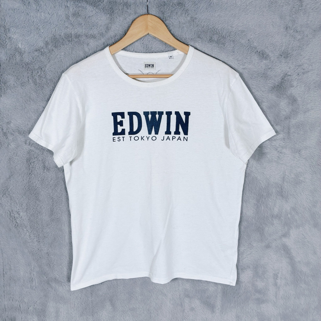 EDWIN EDWIN เสื้อยืดคอกลมแขนสั้นผู้ชายสีขาวผ้าฝ้ายแท้ลําลองเสื้อยืดพื้นฐาน