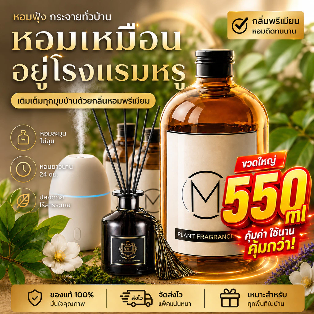 น้ำยาอโรมา 500ml สำหรับเติมเครื่องหอม ไม่ใช้ไฟ กลิ่นไม้จันทน์หอมนาน ใช้ในบ้าน