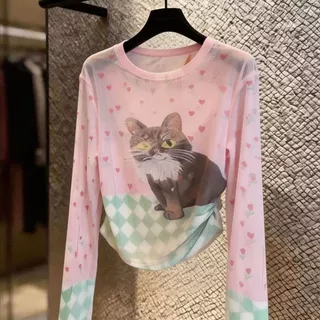 แมวพิมพ์ผ้ากอซแขนยาวเสื้อยืดผู้หญิงฤดูร้อนสไตล์ใหม่จีบครีมกันแดดเสื้อ