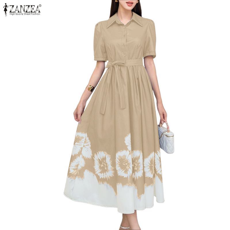ZANZEA ชุดเดรสเชิ๊ตสำหรับผู้หญิงสไตล์เกาหลี พิมพ์ลายทาย์ได้ แขนสั้น ทรงเอไลน์