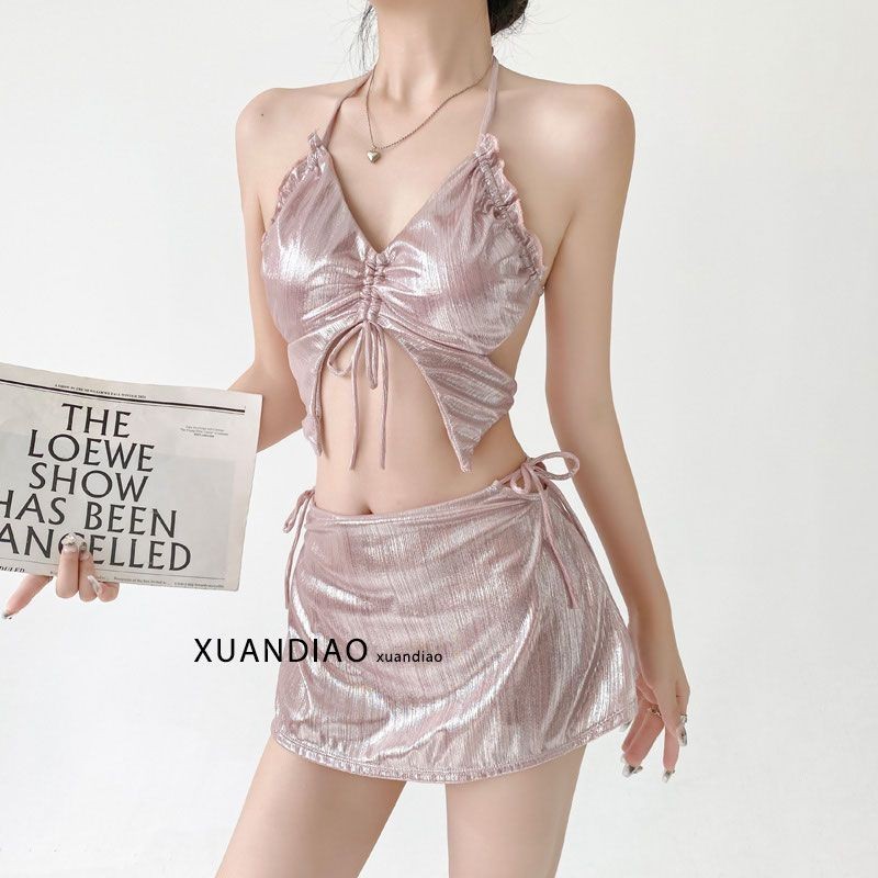 Jinzhu ชุดว่ายน้ําผู้หญิง Yuji Streamer สีชมพู ลายลูกปัดสีทอง สำหรับวันหยุดและน้ำพุร้อน yz125