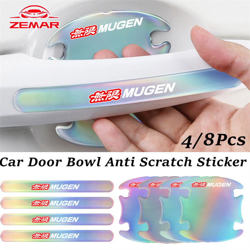 4/8 ชิ้น Honda Mugen เลเซอร์ที่มีสีสันรถประตูชามสติกเกอร์ Anti Scratch สติกเกอร์ประตูรถกระจกมองหลังป