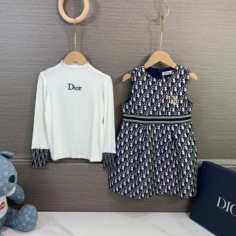 DIOR0608 ชุดเดรสเด็กผู้หญิงสองชิ้น + เสื้อเชิ้ตก้นแขนยาวกระโปรงสาวชั้นนํา