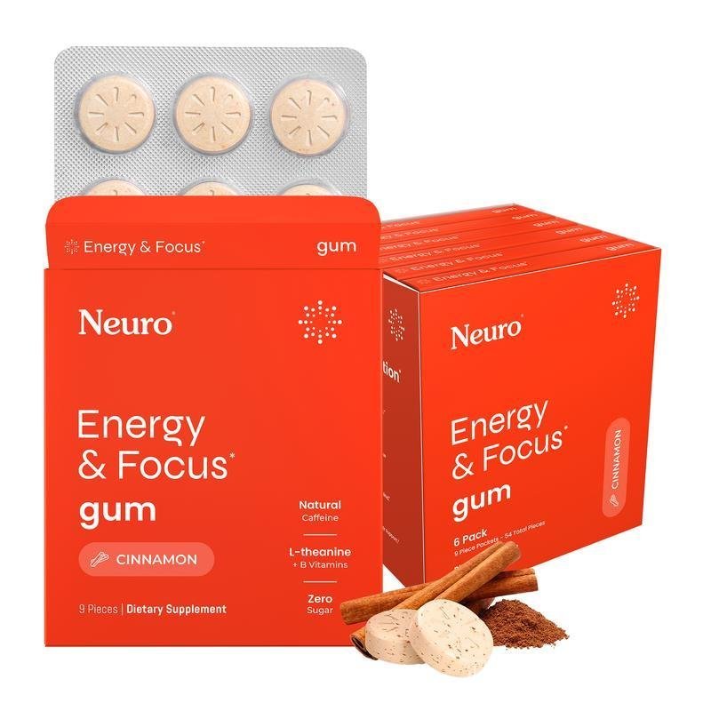 Neuro Energy Caffeine Gum for Energy & Focus - Sugar-Free with L-theanine, Caffeine, Vitamin B12 & V