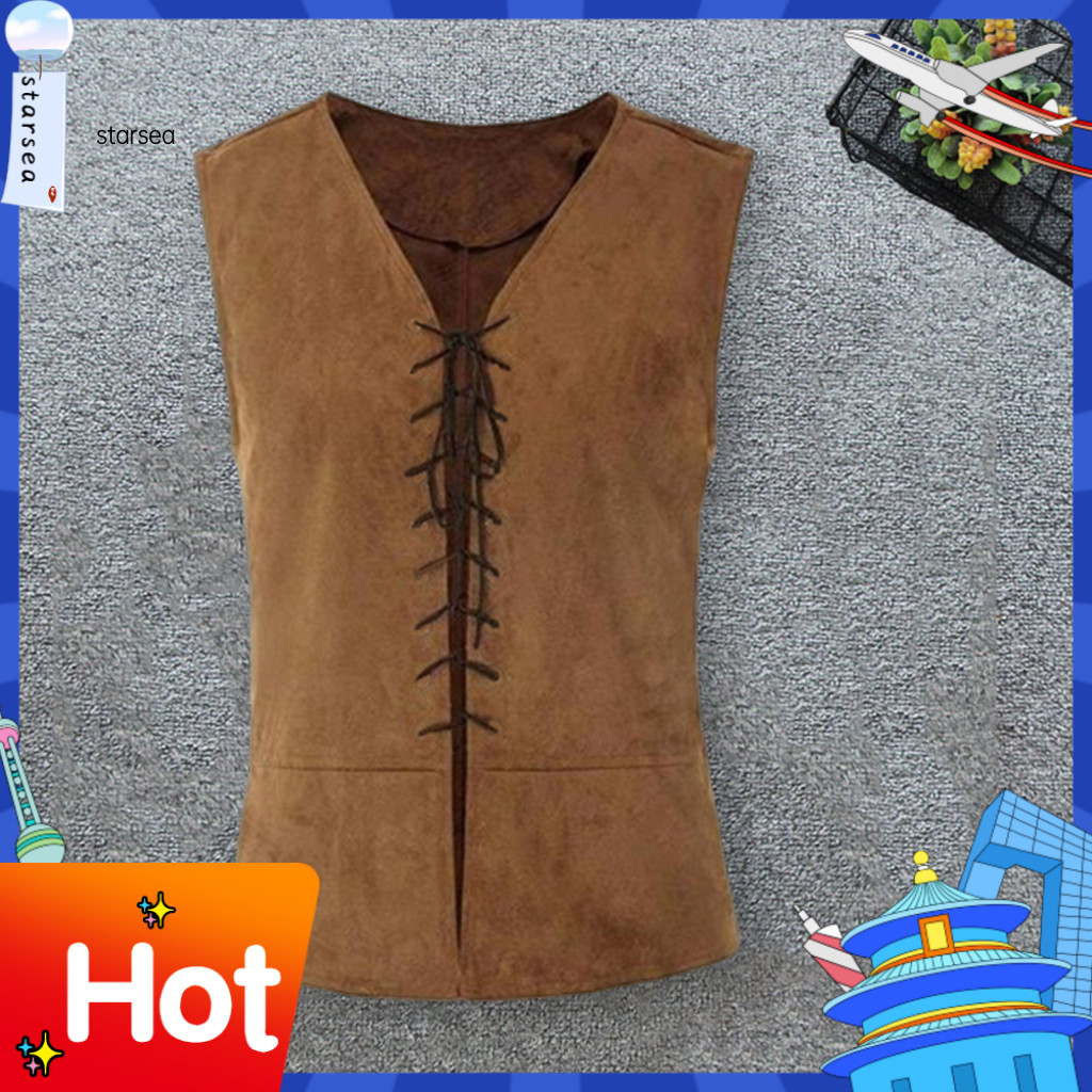 SRA ZK Men Vest V คอเสื้อกั๊กผู้ชายโจรสลัด Vintage ยุคกลาง Lace-up เสื้อกล้ามแขนกุดสําหรับคอสเพลย์ปา