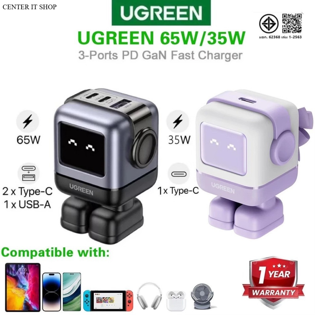 Ugreen RoboGaN 65W/30W USB C USB A Charger Mini Robot Nexode 3 พอร์ต GaN Fast Charger