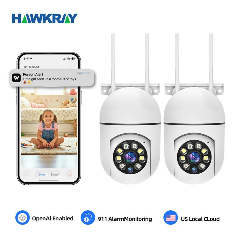 Hawkray AI กล้องเฝ้าระวังอัจฉริยะ 911 Alarm ติดตั้งง่าย Quick Setup Full Color Night Vision Two Way 