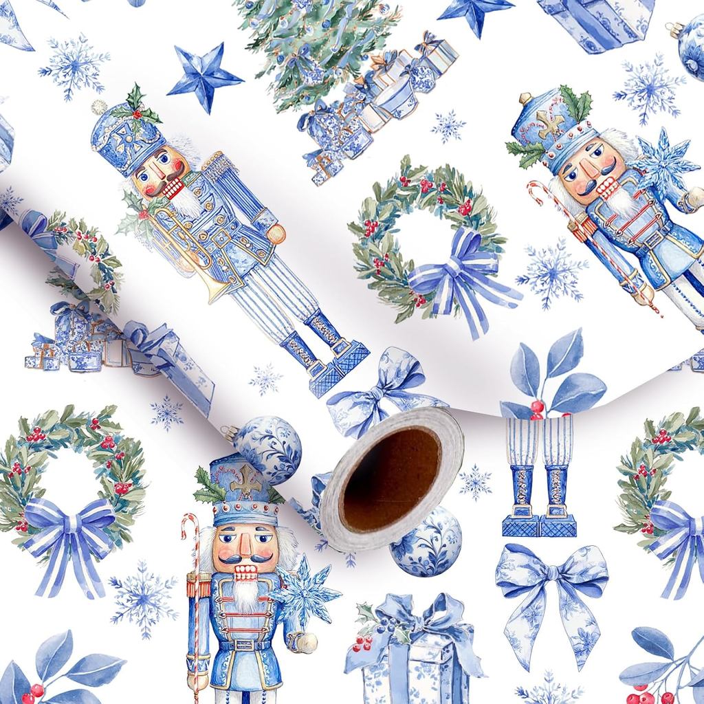Whaline Christmas Wrapping Paper -Mini Roll- 17 In x 32.8 Ft Blue Nutcracker Xmas Tree พวงหรีดของขวั