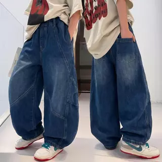 กางเกงยีนส์เด็กชายทรงแบ็กกี้ ขากว้าง ทรงหลวม เท่สายสตรีท Oversize สไตล์เกาหลี กางเกงยีนส์เด็กชายขาบานแนวฮิปฮอป WT12