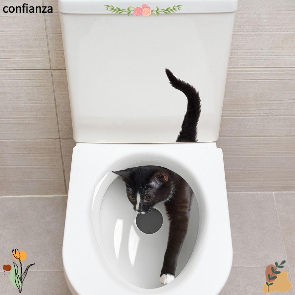 CONFIANZA สติ๊กเกอร์ติดผนัง, สติ๊กเกอร์ติดฝาชักโครกแมวตลกแบบมีกาวในตัว, สติ๊กเกอร์ ห้องน้ํา กันน้ําแบบถอดได้สร้างสรรค์