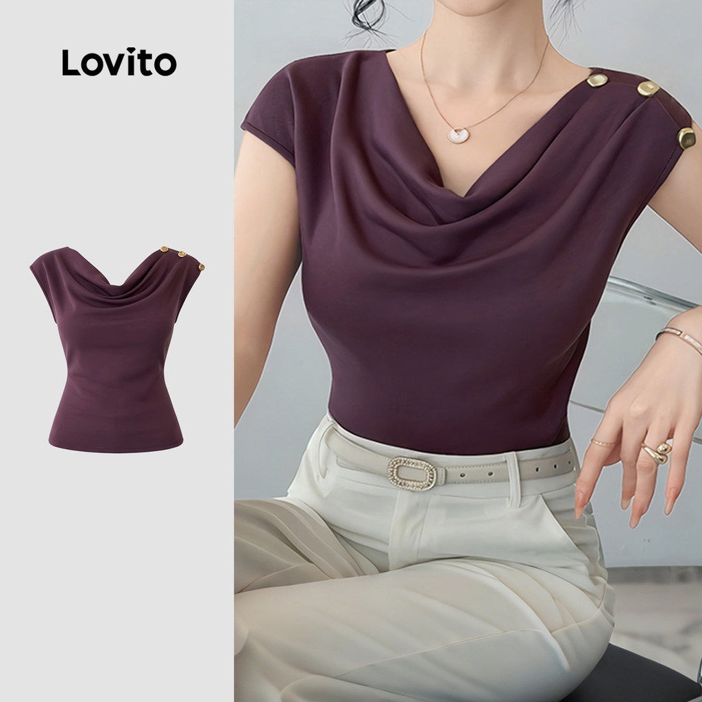 Lovito สง่างาม เสื้อยืดสีม่วงสําหรับผู้หญิง ดีไซน์เรียบหรู พร้อมกระดุม สไตล์ไปกลับ เหมาะสําหรับฤดูใบไม้ผลิและฤดูร้อน LK5AD197