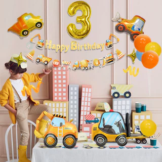 GeeParty ชุดลูกโป่งฟอยล์ตัวการ์ตูน รถขุด รถดันดิน 29 ชิ้น พร้อมแสตนด์ลูกโป่งสีเหลืองและส้ม สำหรับตกแต่งงานเลี้ยงวันเกิดธ