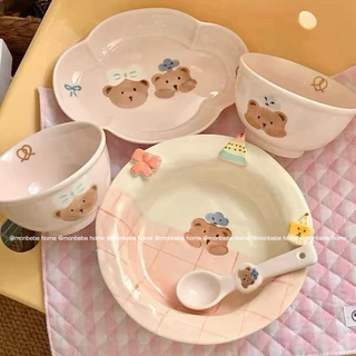 จานขนม เซรามิค insลายหมี🐻สีชมพูน่ารัก พร้อมส่ง