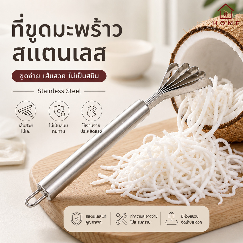 Home007 ที่ขูดมะพร้าว สแตนเลส ขูดง่าย เส้นสวย ไม่เละ ไม่เป็นสนิม ใช้ได้กับมะละกอ ผัก ผลไม้ ใช้งานง่าย Coconut Scraper