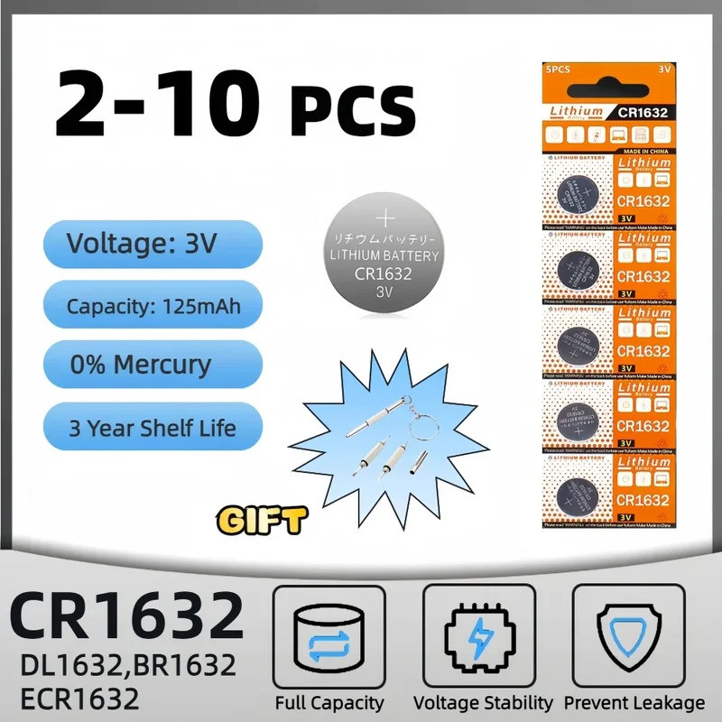 2-10PCS 3V CR1632 แบตเตอรี่ CR 1632 แบตเตอรี่ลิเธียม DL1632 BR1632 KCR1632 ECR1632 สําหรับรถยนต์รีโม