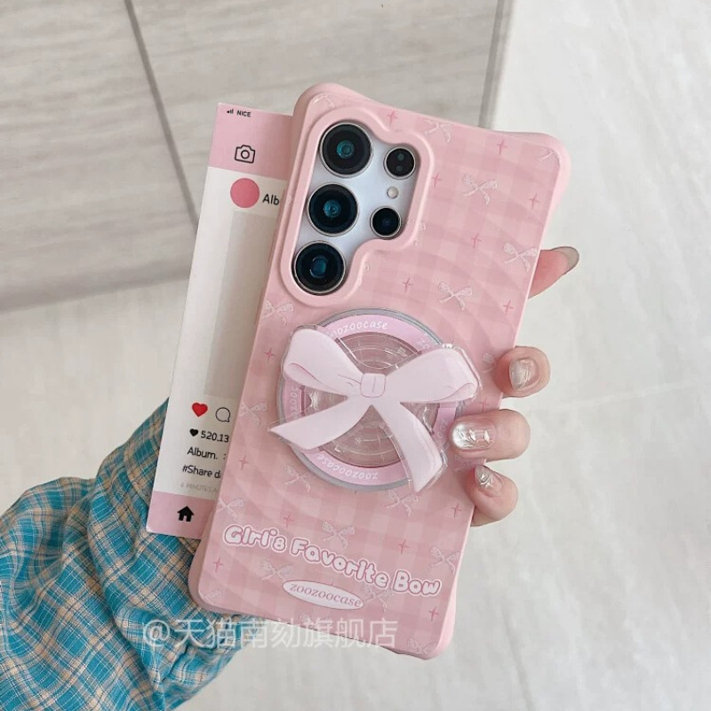 เหมาะสําหรับ Samsung s26ultra เคสโทรศัพท์แม่เหล็กสไตล์ใหม่ Boyang ป้องกันกรณีนุ่ม s24plus โบว์สีชมพู s25edge น่ารักพร้อมขายึด s23u Super สวย s25u กันกระแทกสไตล์ขายดี