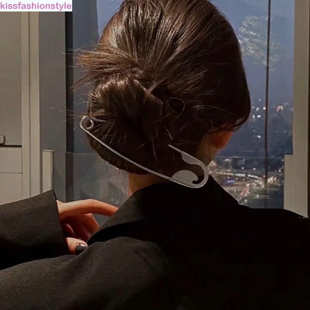 KISSFASHIONSTYLE กิ๊บติดผมรูปเข็มกลัดขนาดใหญ่ Silver Pin Hairpin, Creative Golden ยุ้ยเรขาคณิตโลหะ Shark Clip เครื่องประดับผม