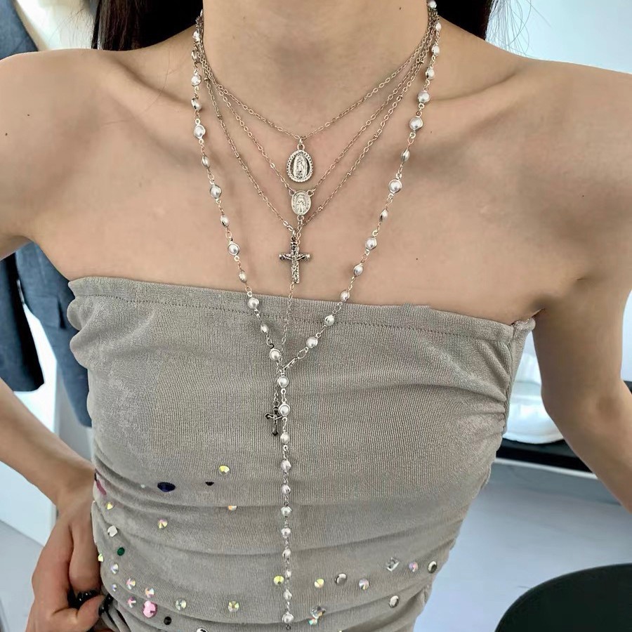 Y2k จี้ข้ามซ้อนสร้อยคอมุกแฟชั่น Retro Shopping Clavicle CHAIN โซ่ยาว vfr128.6