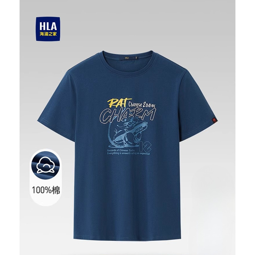 HLA/แขนสั้น T ใหม่ผ้าฝ้ายรอบคอพิมพ์เสื้อสั้น T ชาย