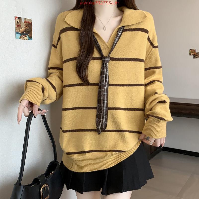 Withit long sleeve knit เสื้อไหมพรมลายทางคอปก - TPW09670