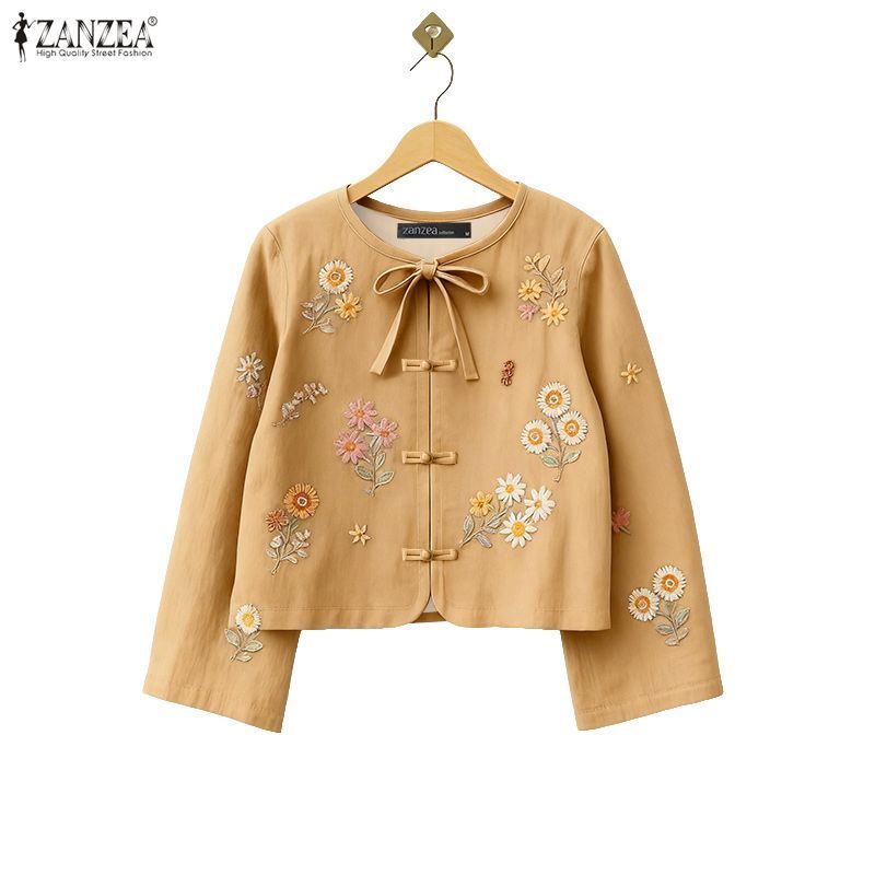 ZANZEA ผู้หญิงเกาหลีย้อนยุคหวานลูกเรือคอ Bowknot แขนยาวพิมพ์ลายดอกไม้เสื้อปุ่มกบ